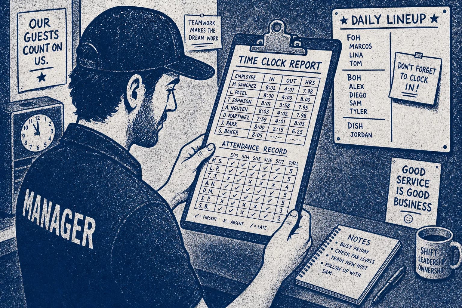 Manager reviewing timeclock punch data and attendance records
