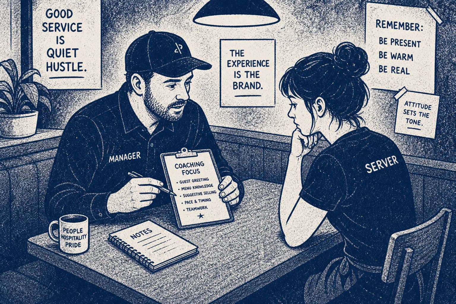 Structured one-on-one coaching session at a quiet corner table
