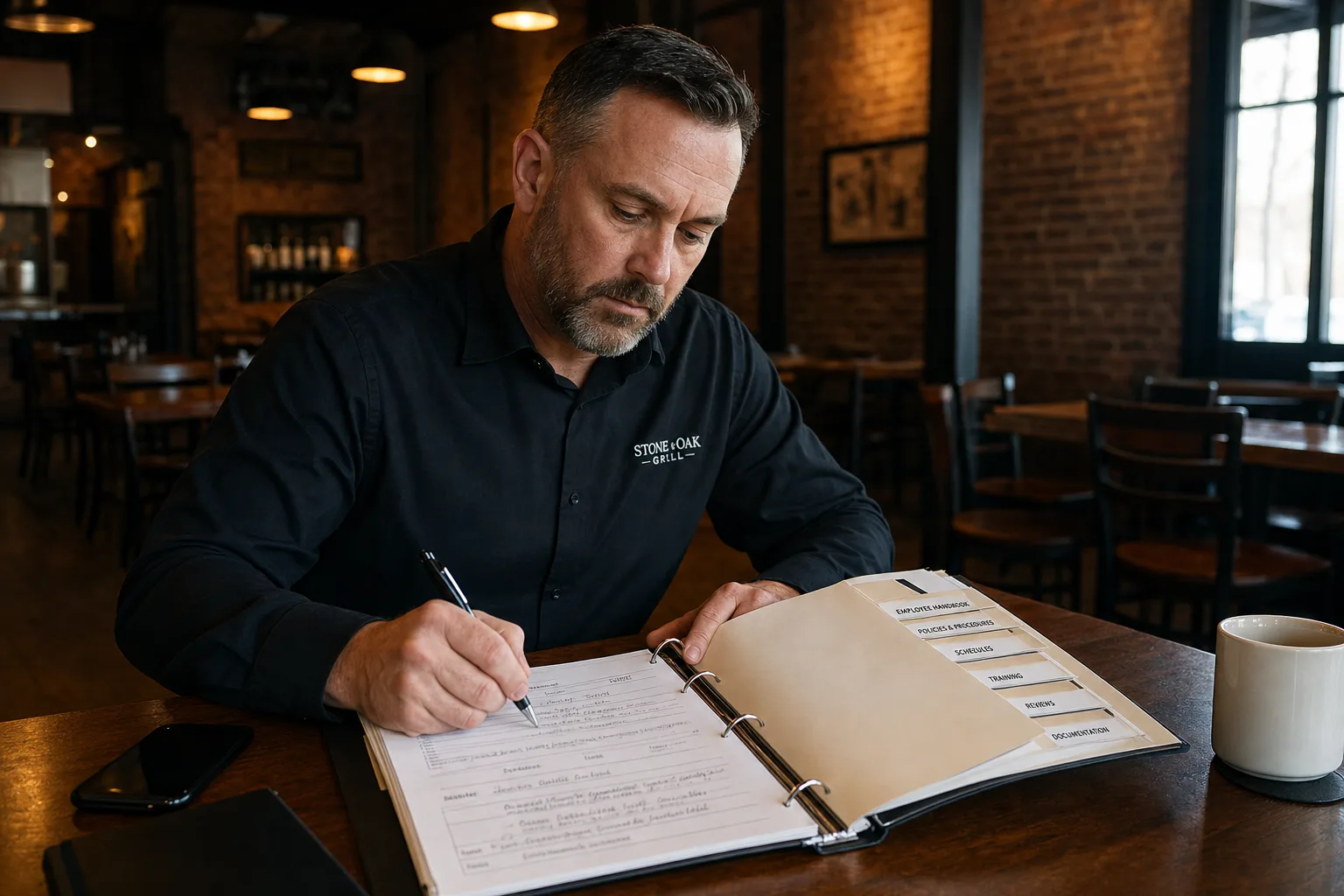 Restaurant manager building structured dated entries in an organized employee personnel binder