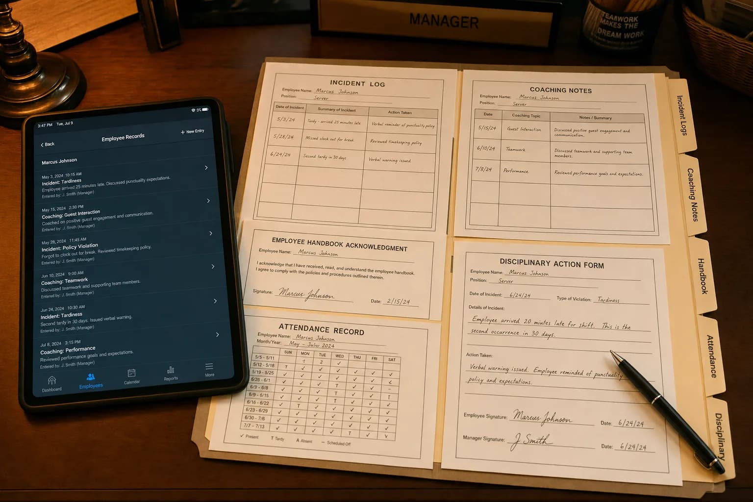 Complete audit-ready employee personnel file with chronological incident and coaching records