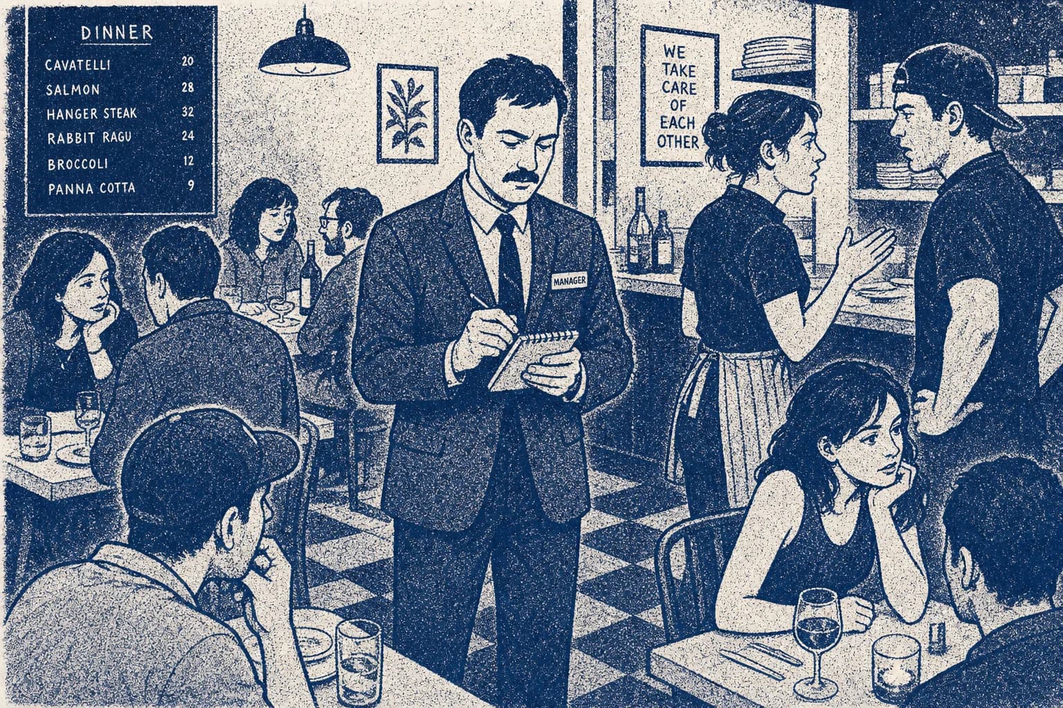 Manager documenting an incident while staying visible on the dining room floor