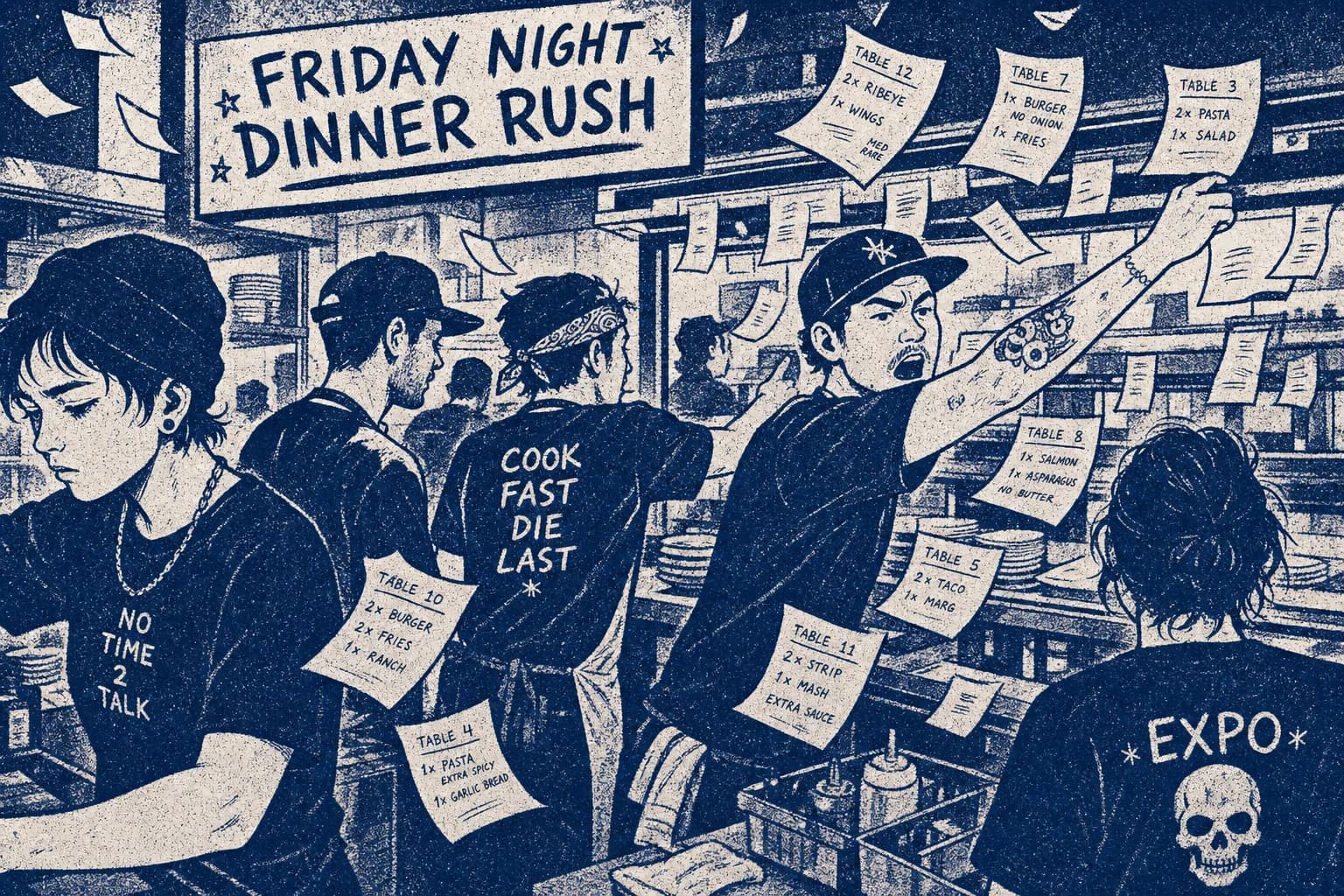 Friday night expo line during dinner rush with tickets flying