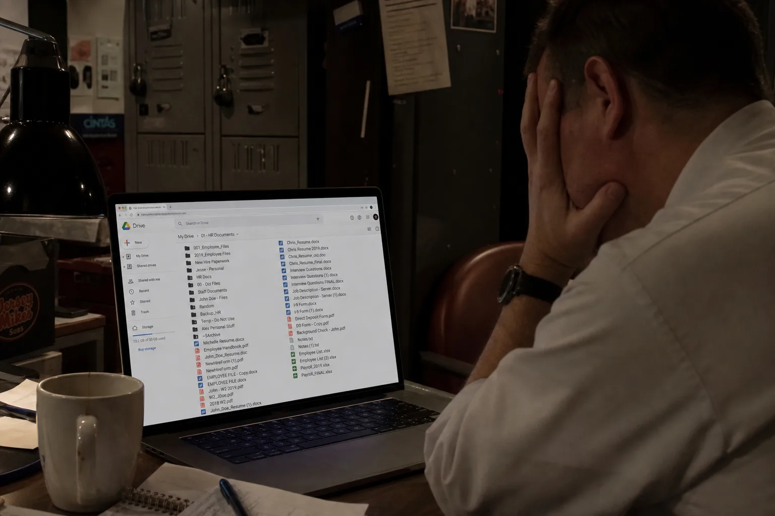 Chaotic nested Google Drive folders with inconsistent employee file names on a manager laptop