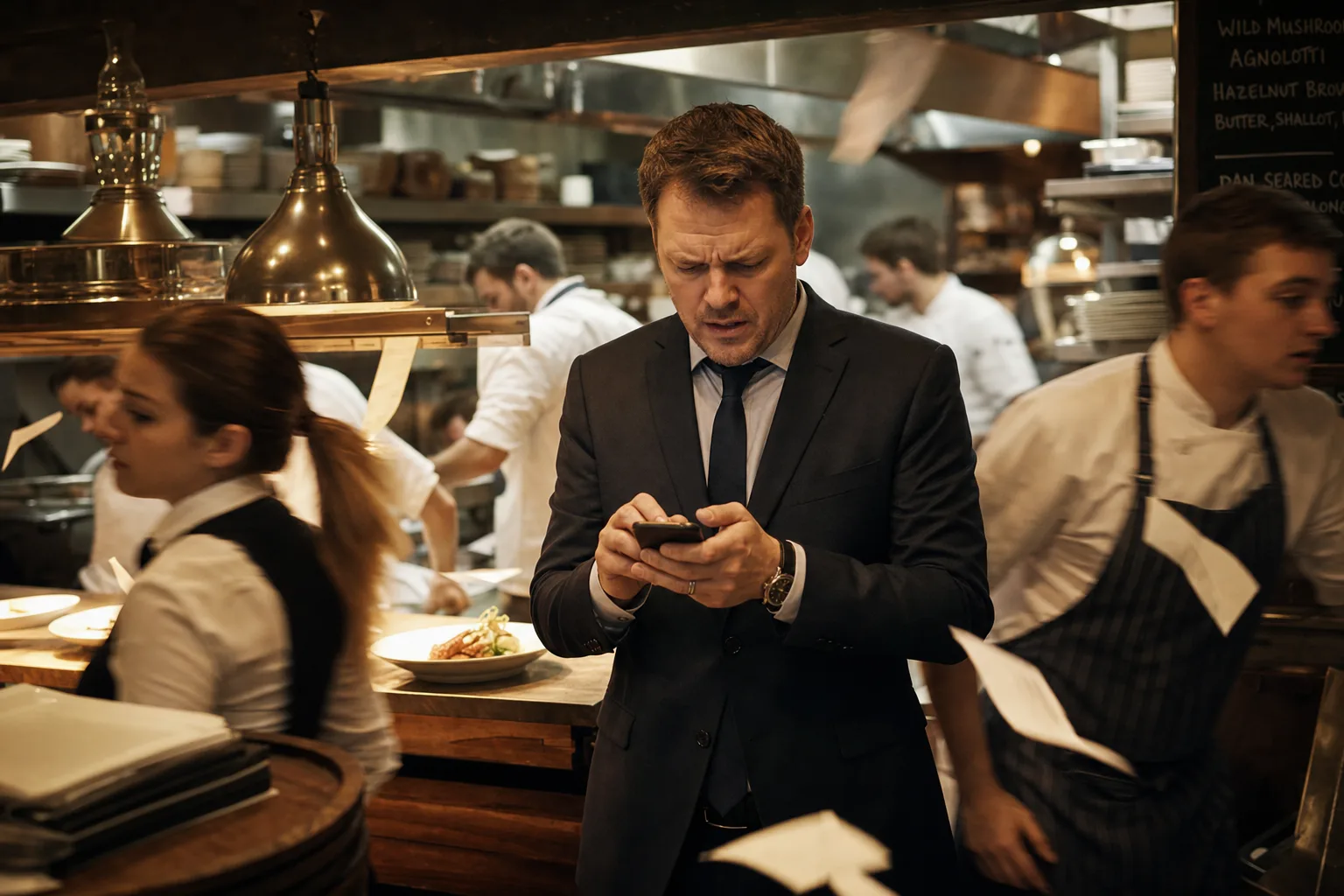 Manager trying to document an incident on a phone during a busy dinner rush