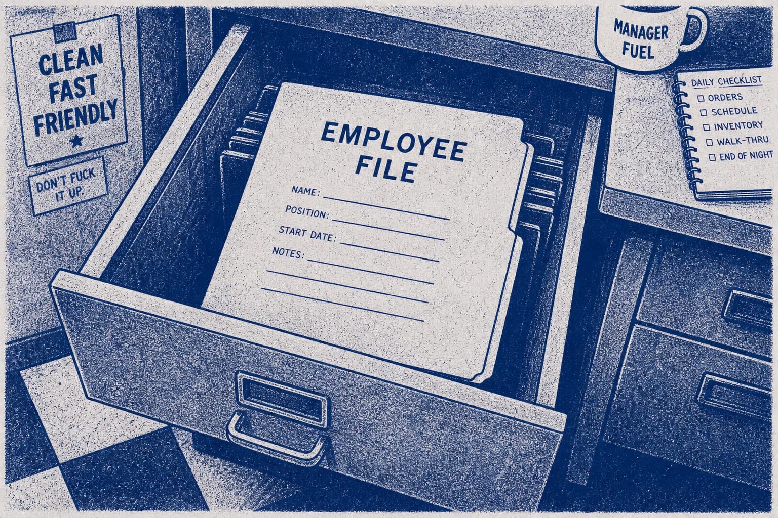 Empty employee file folder in a manager office drawer