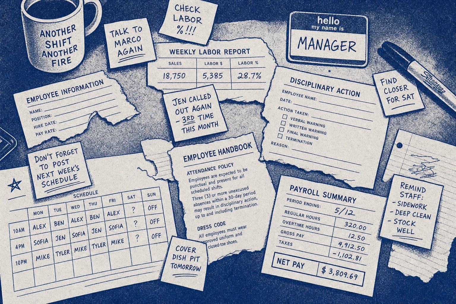 Scattered sticky notes and fragmented HR paperwork across a manager desk