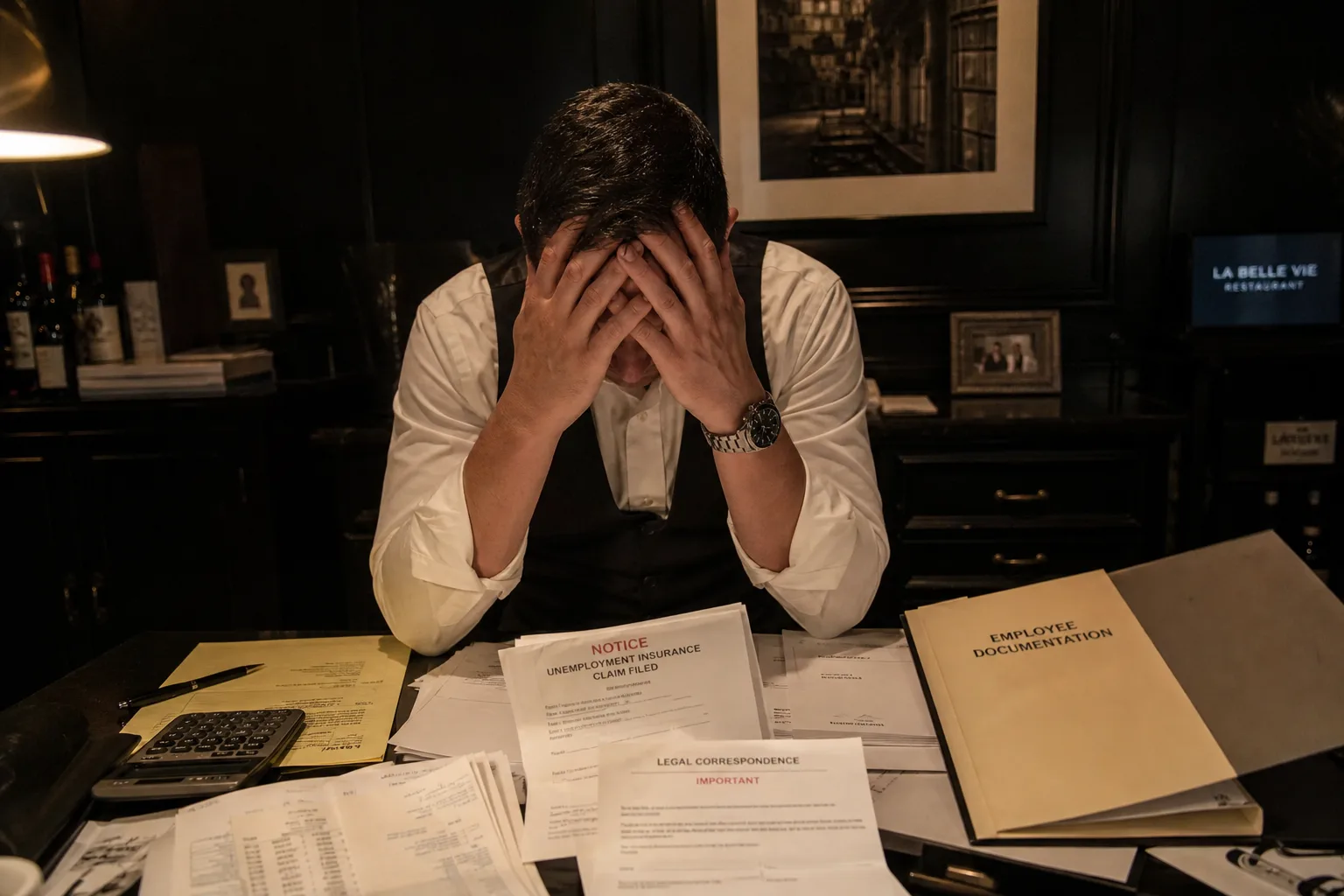 Exhausted restaurant general manager facing legal correspondence and an empty employee file late at night