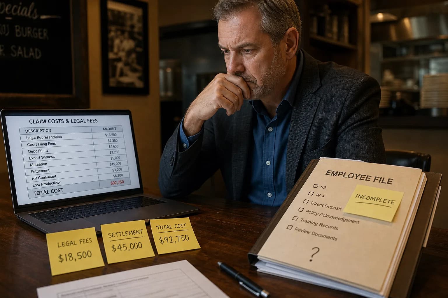 Restaurant owner reviewing claim costs and legal fees beside an incomplete personnel file