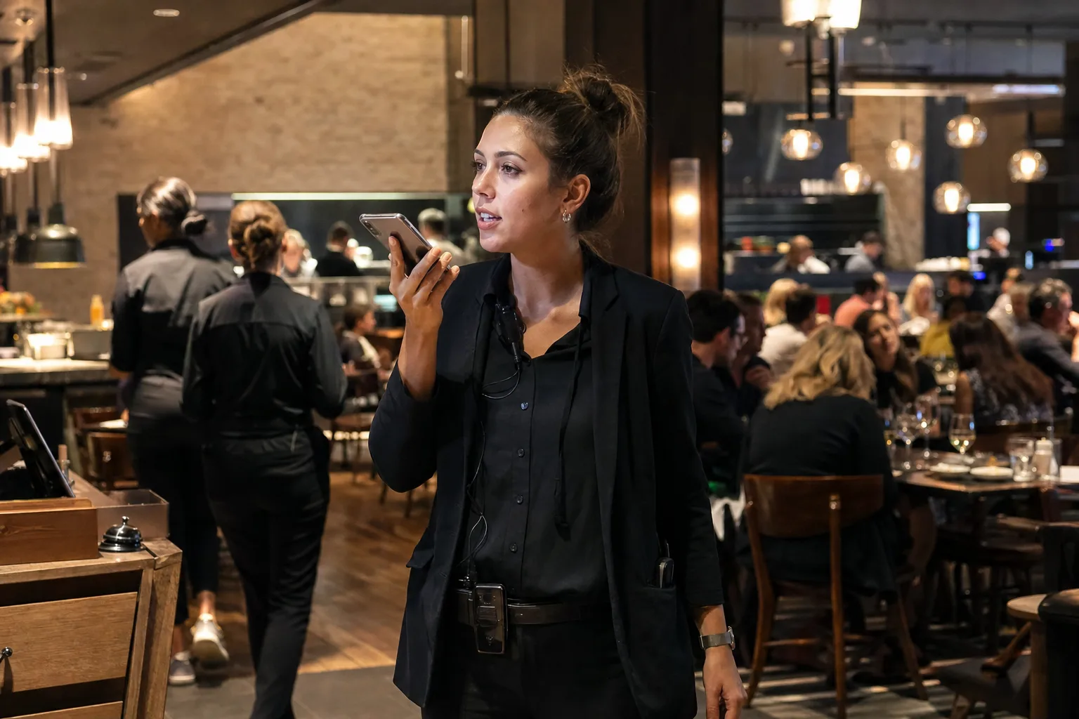 Shift manager capturing a voice note on the dining room floor during live service