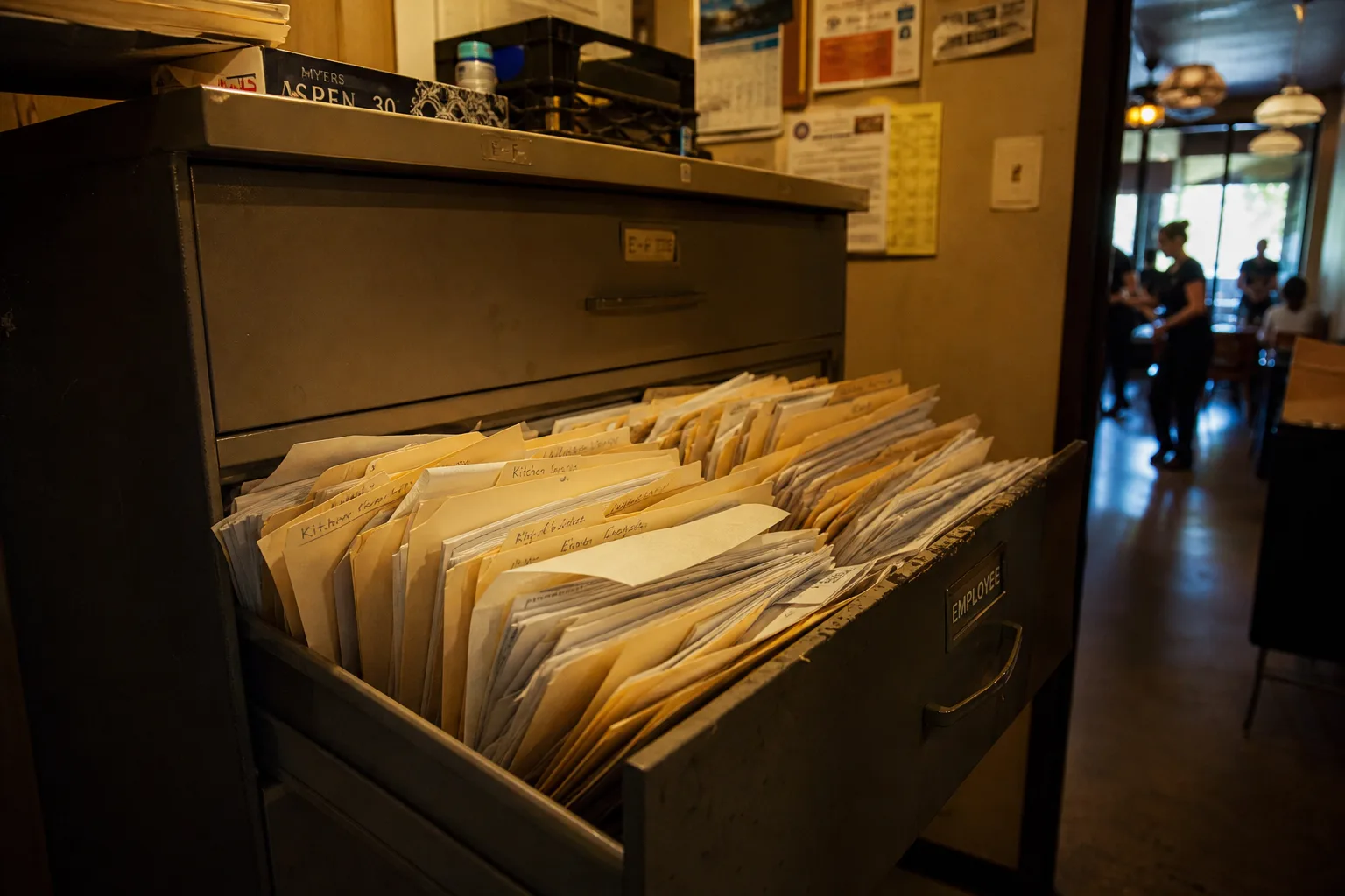 Overstuffed dusty filing cabinet drawer full of crammed paper personnel files