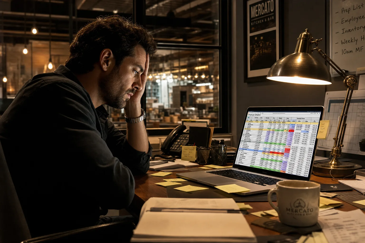 Restaurant manager overwhelmed by a chaotic employee tracking spreadsheet on a laptop