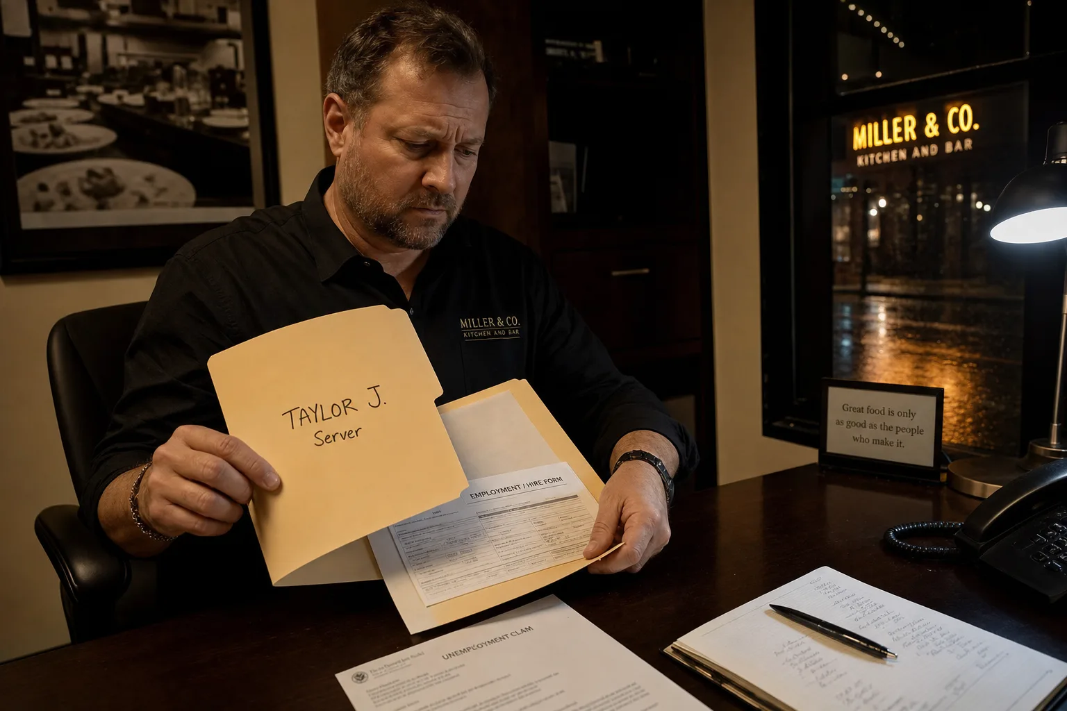 Restaurant owner reviewing a state unemployment claim notice beside an incomplete personnel file