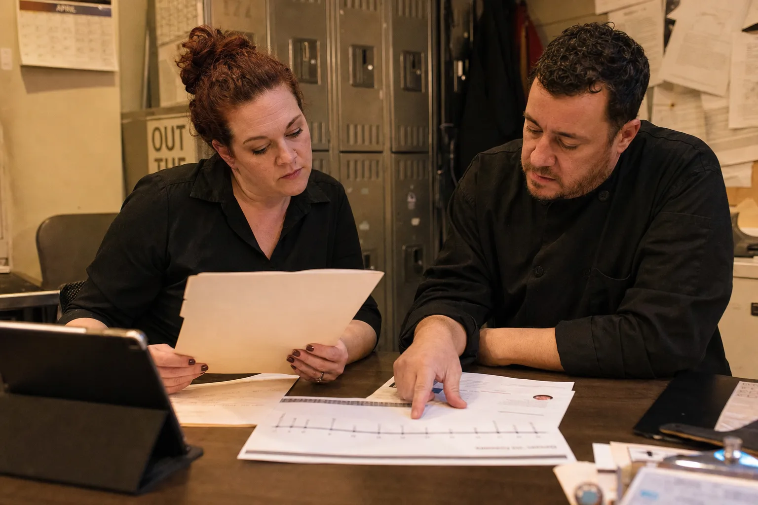 Managers preparing dated attendance and write-up records for an unemployment hearing