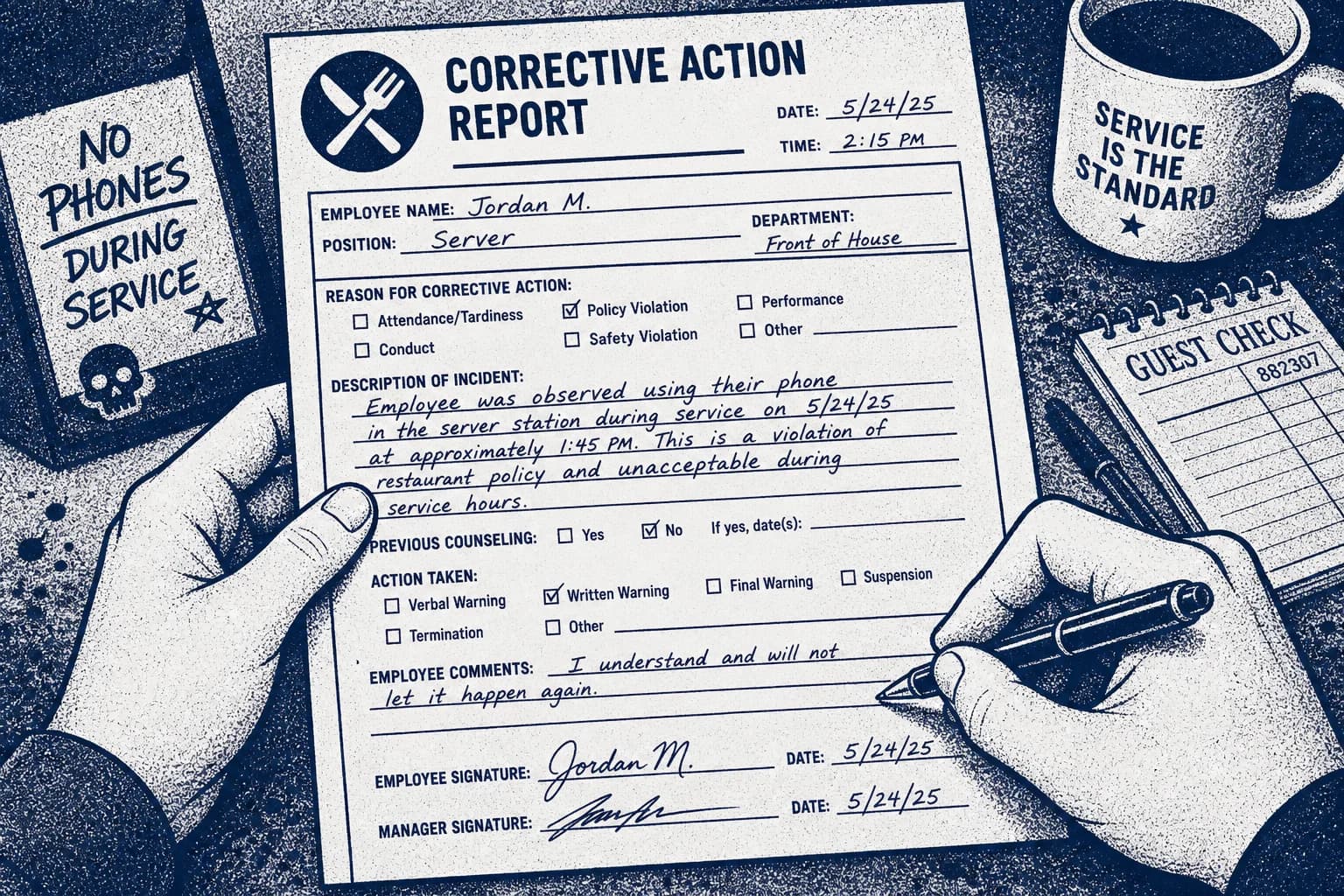 Professional defensible corrective action write-up being signed