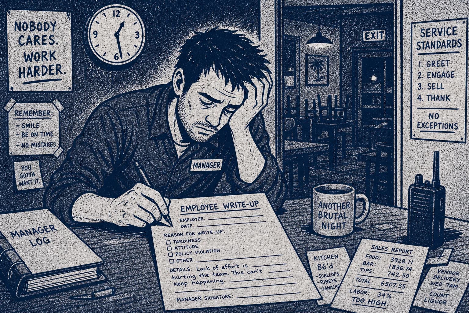Tired manager drafting an emotional employee write-up late at night