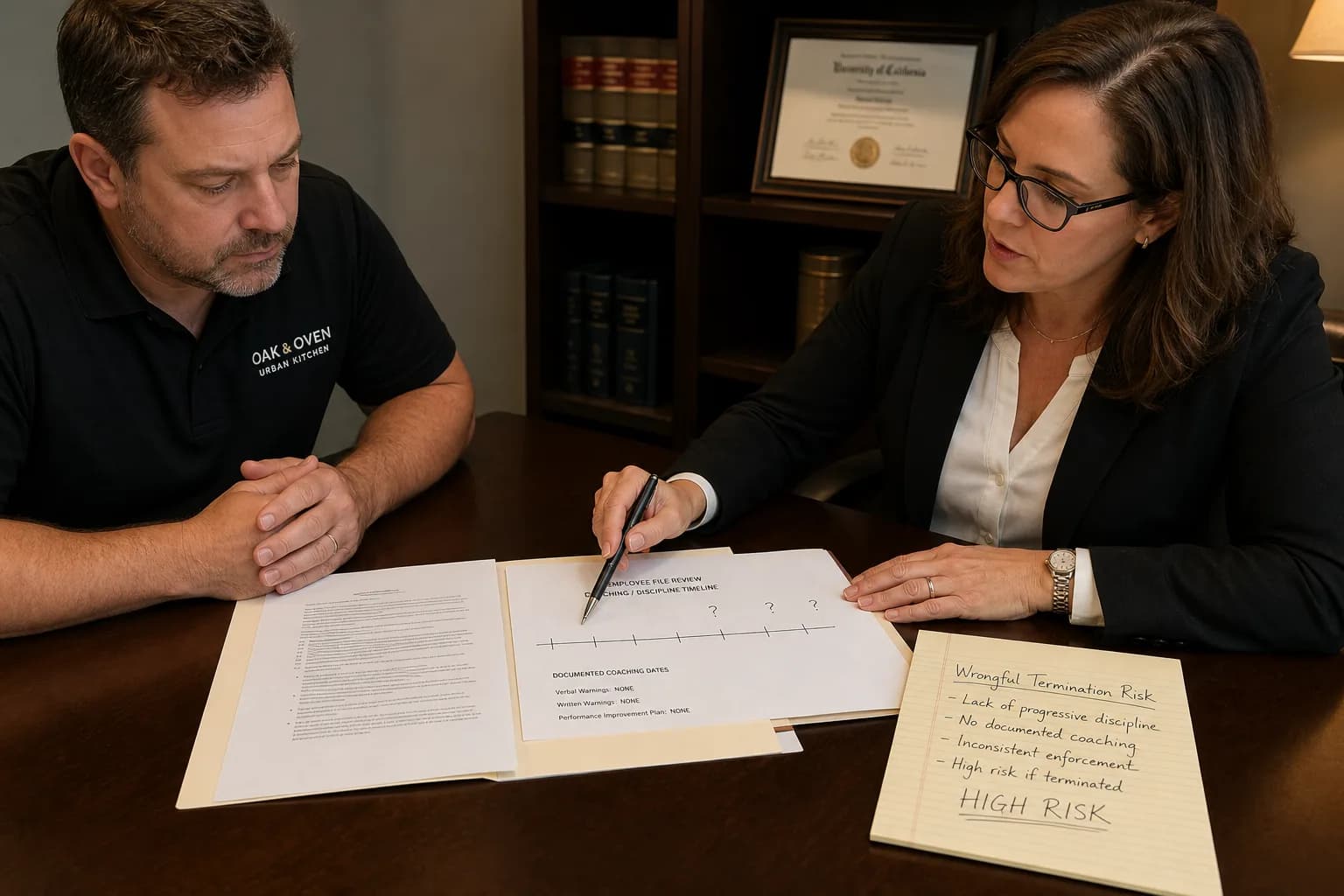 Employment attorney reviewing a sparse employee file with missing coaching dates
