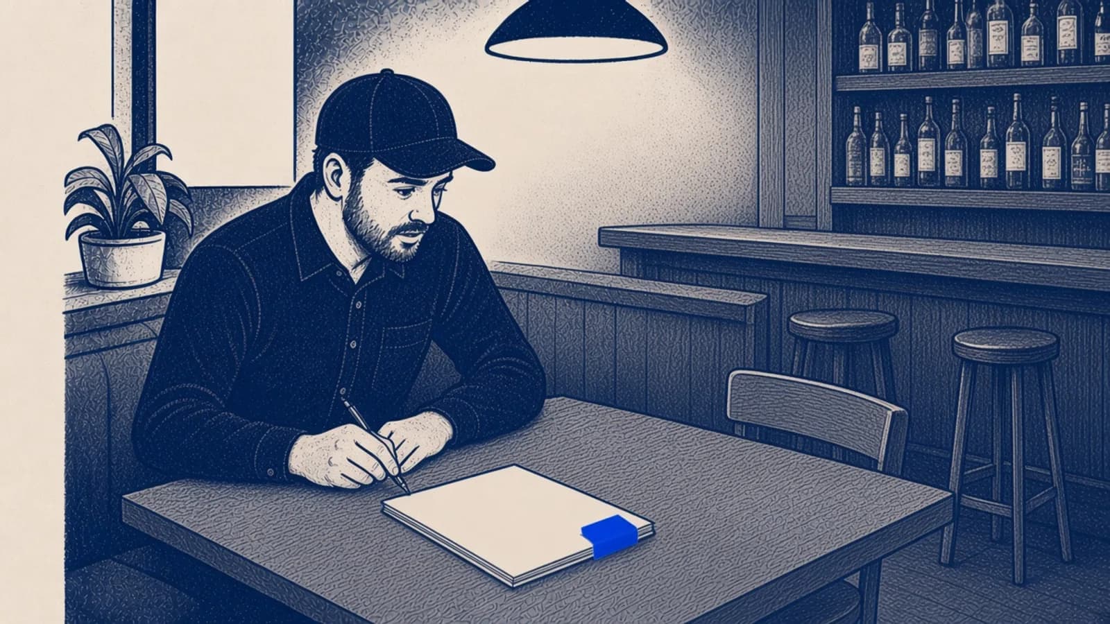 A restaurant manager writes in a notebook at a quiet bar. The notebook has a blue tab.