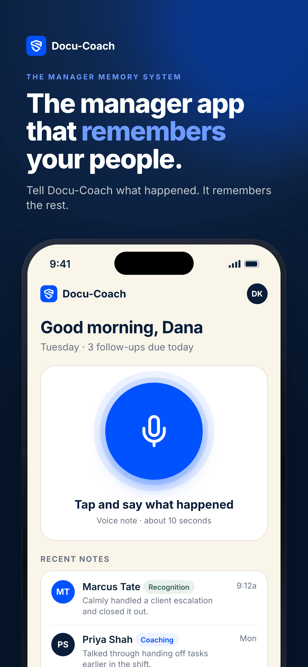 Docu-Coach™ App Store screenshot 1: The manager app that remembers your people