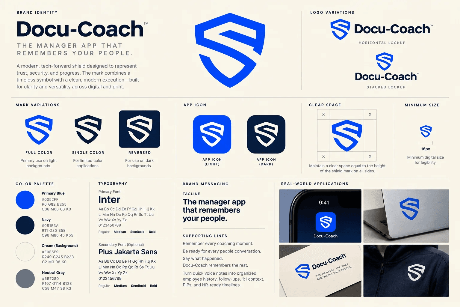Docu-Coach™ brand identity sheet: logo lockups, mark variations, app icons, clear space, minimum size, color palette, typography, and messaging