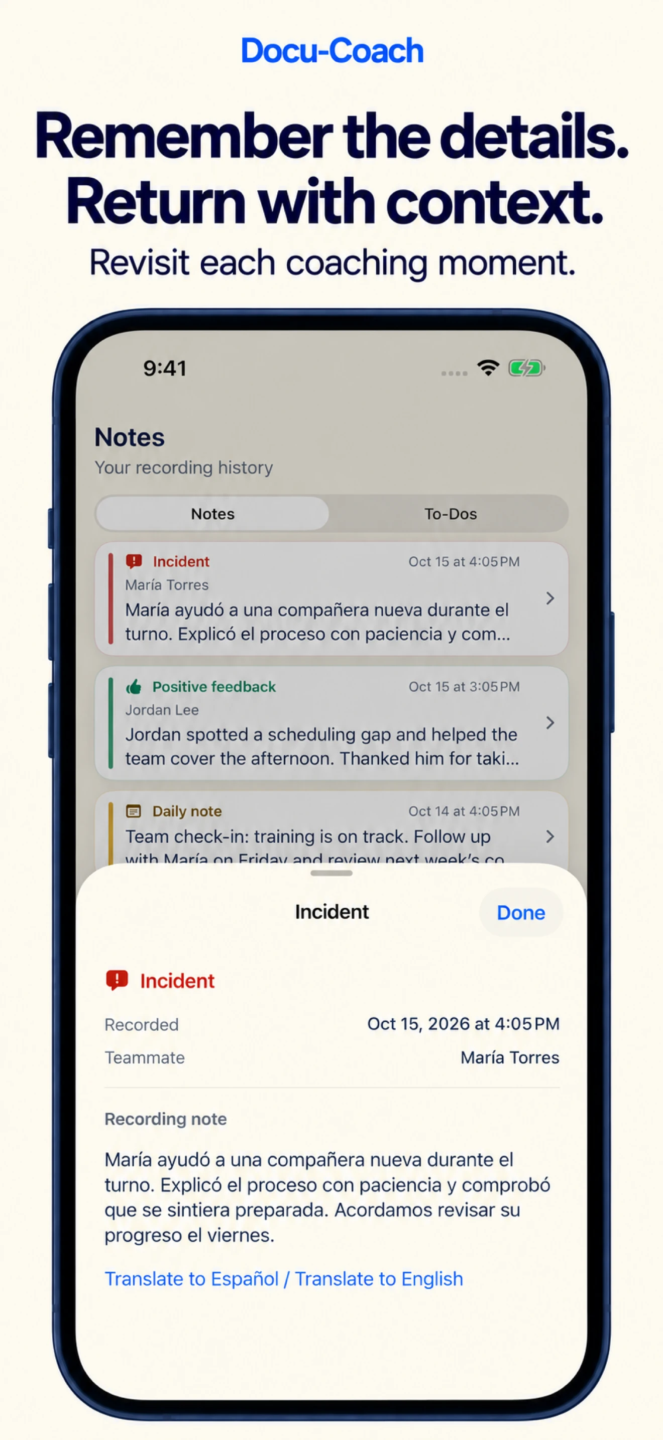 A saved Spanish coaching note in the native iPhone app with the option to translate into English